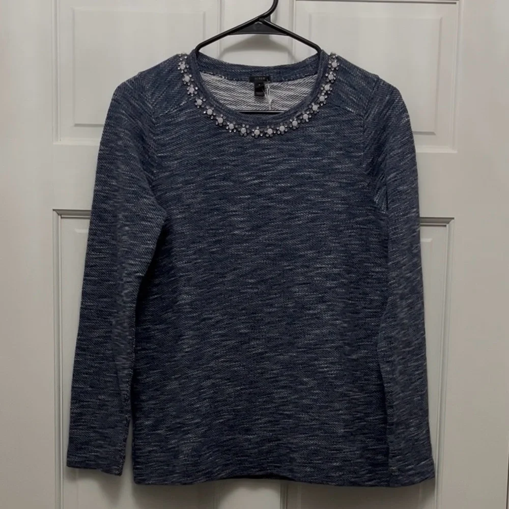 NWT J. Crew Blue and White Heathered Knit Sweater with Embellishments - Sz Small